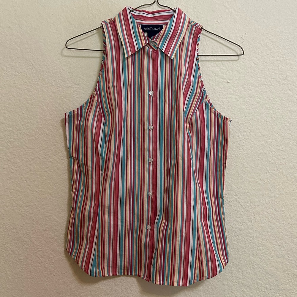 Ann Taylor Women’s Multi-Colored Striped Sleeveless Button Up
